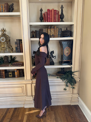 Brown Off The Shoulder Midi Dress