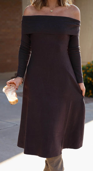 Brown Off The Shoulder Midi Dress