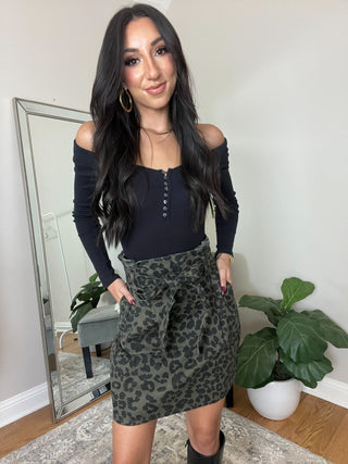 Green Tie Front Leopard Skirt