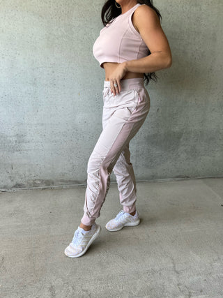 Light Pink Striped Joggers with Ribbed Side Panels